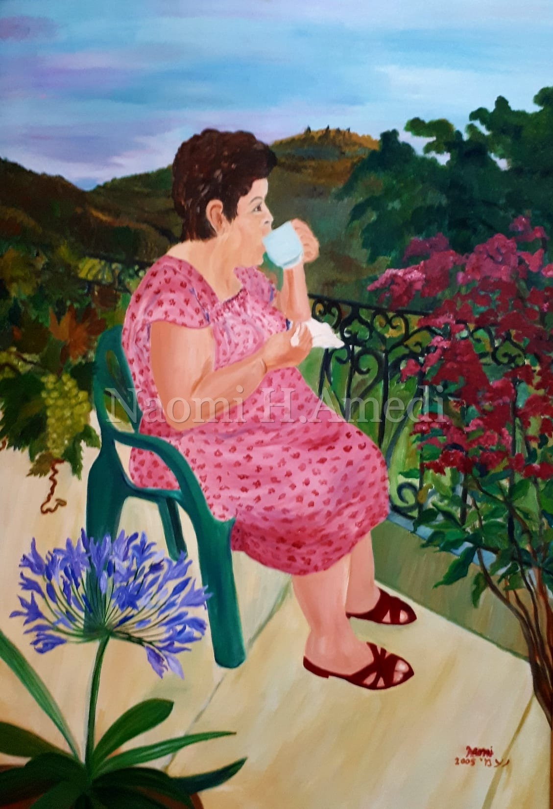 קפה בוקר — שמן על בד · 65×95 ס"מ, מאת נעמי ח. עמדי
