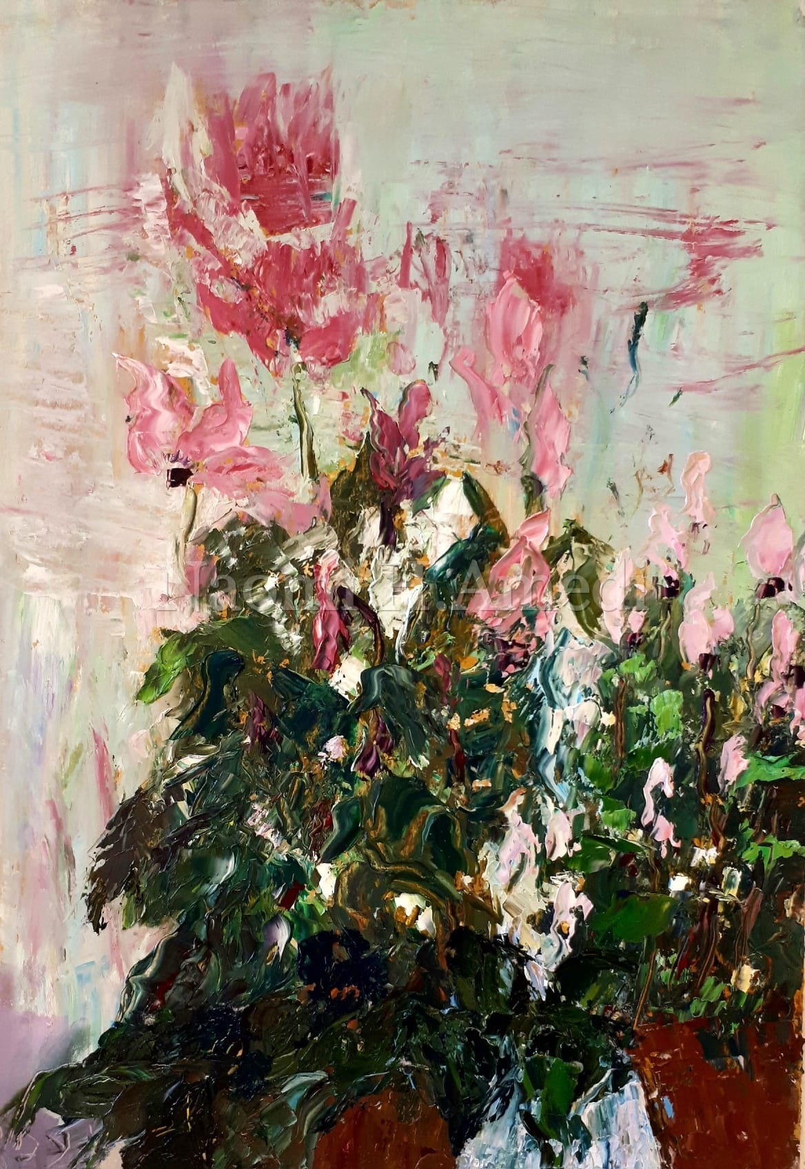 רקפות — שמן על קרטון · 35×50 ס"מ, מאת נעמי ח. עמדי
